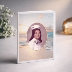 Honor You Memorial Program template with a picture of the deceased in front of a sunset beach