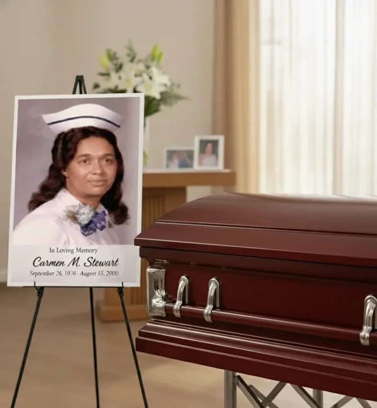 Poster size print next to a casket at a memorial service