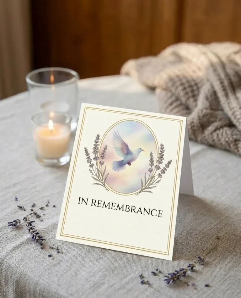 Generic funeral announcement card with text reading In Remembrance