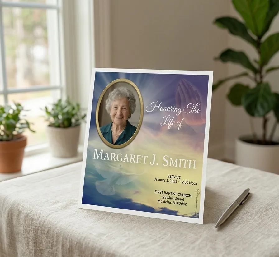Funeral Announcement card with a memorial photo, service details on top of a professionally designed template