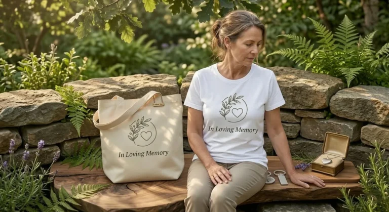 Generic tote bag and tshirt that reads In Loving Memory with various keepsakes besides a women sitting on a bench