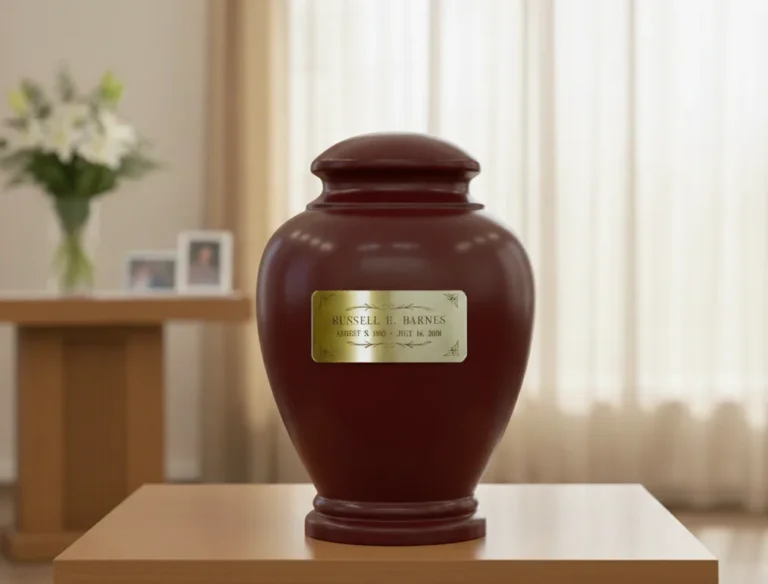 Gold nameplate on an urn at a memorial service