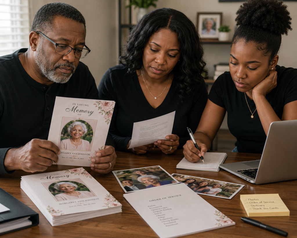 Family preparing funeral programs for a loved one