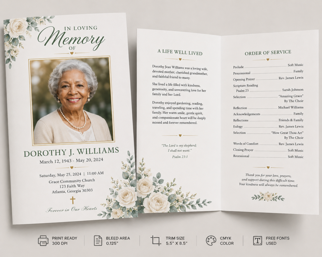 Print-ready funeral program design for same day printing