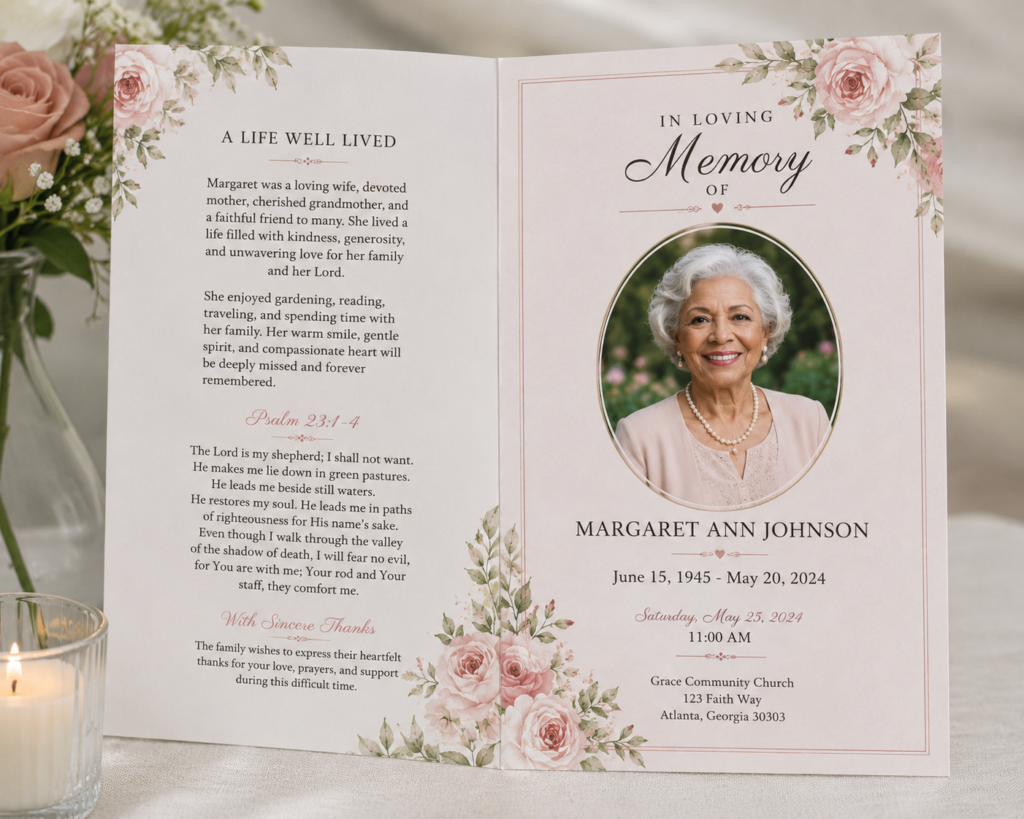 Bifold funeral program example with photo and service details