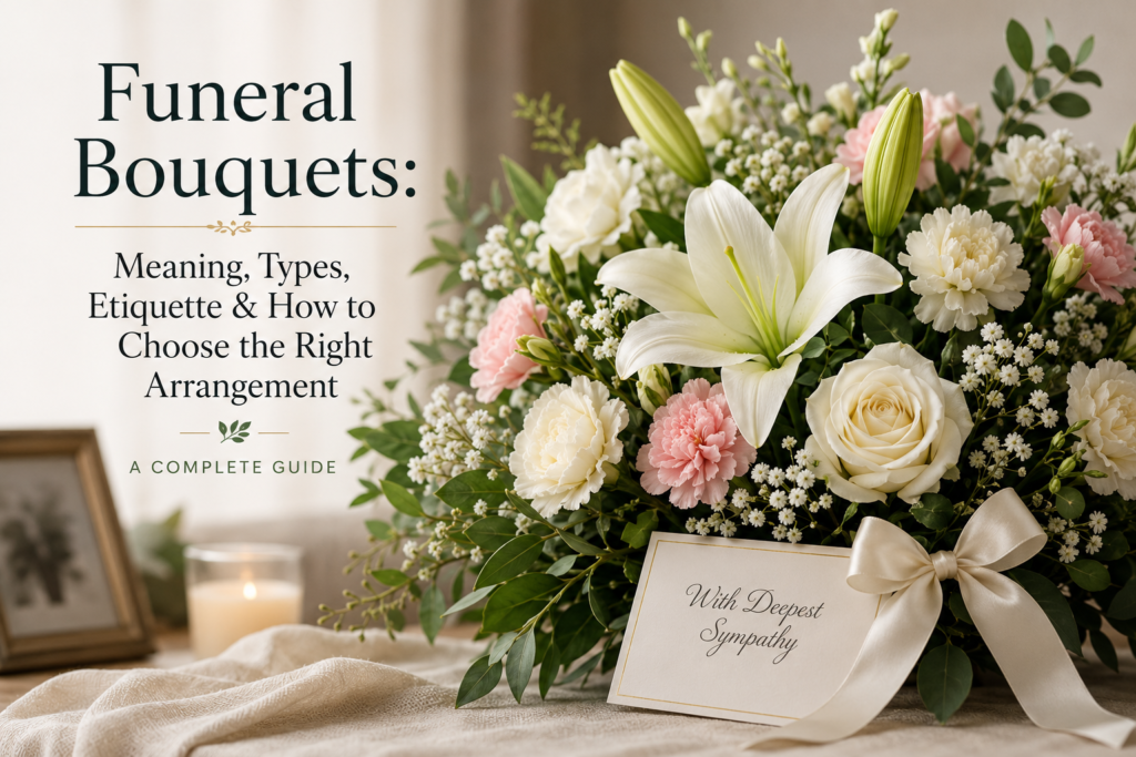 Elegant funeral bouquet of white lilies, roses, and greenery arranged as a heartfelt tribute for a funeral or memorial service.