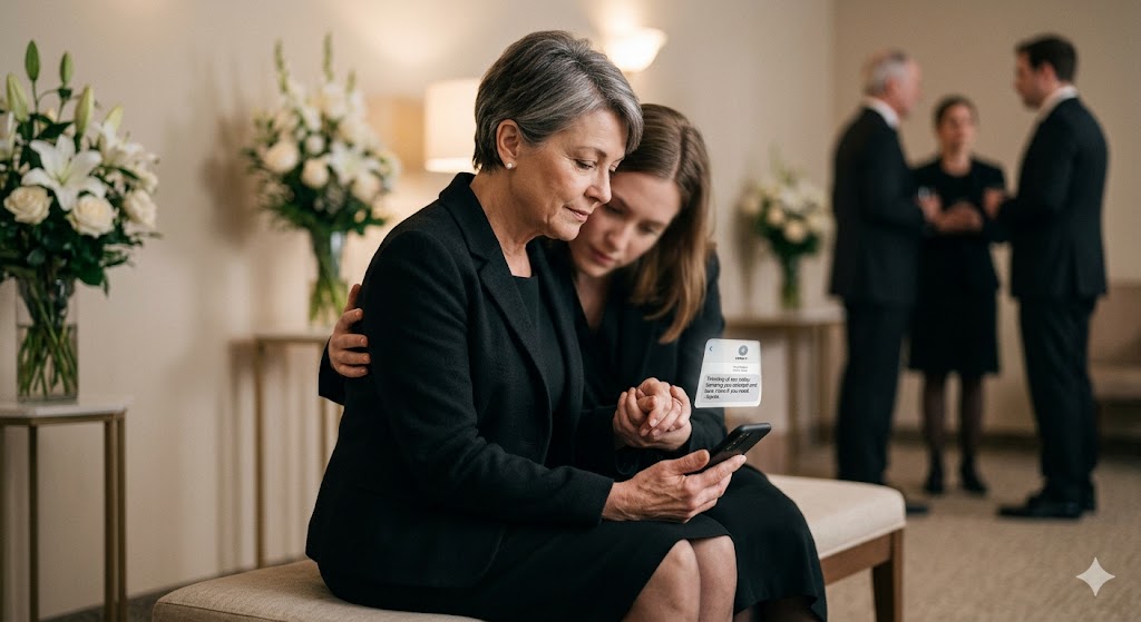Woman comforting a grieving family member who is reading a sympathy text message at a funeral service.