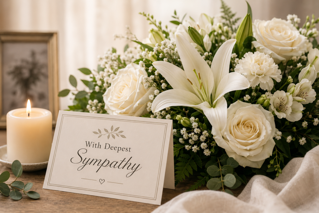 Funeral bouquet card with sympathy message placed beside soft white roses, lilies, and a candle