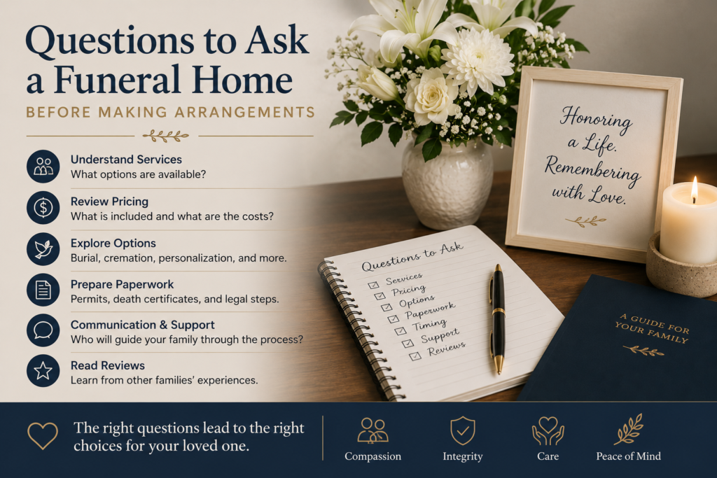 Informational guide showing key questions to ask a funeral home about services, pricing, paperwork, communication, and reviews before making arrangements