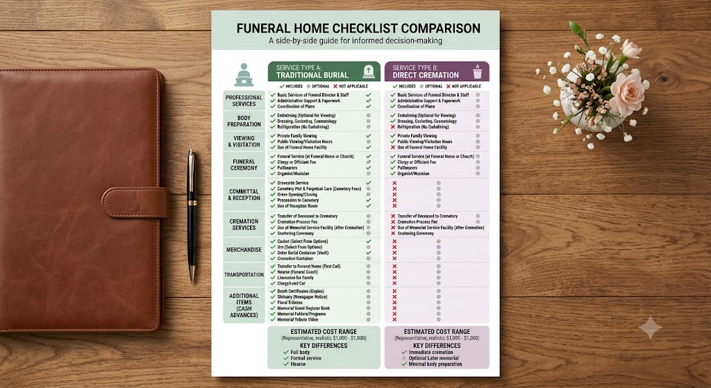 A funeral home comparison checklist with items such as services, pricing, location, facilities, experience, and reviews.