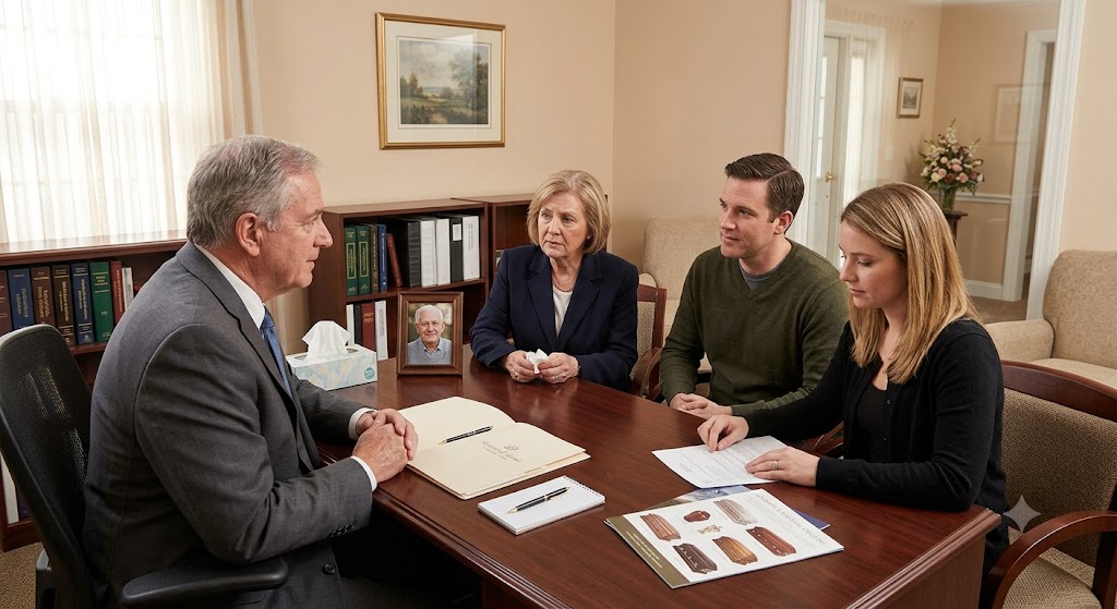 A family meeting with a funeral director to discuss funeral home services, pricing, and arrangements.