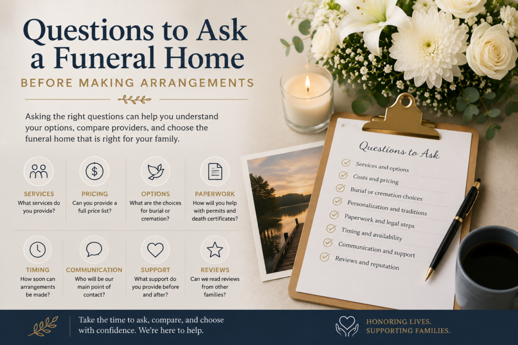 Calm funeral planning guide with questions about services, pricing, burial or cremation options, paperwork, support, and reviews before making arrangements.