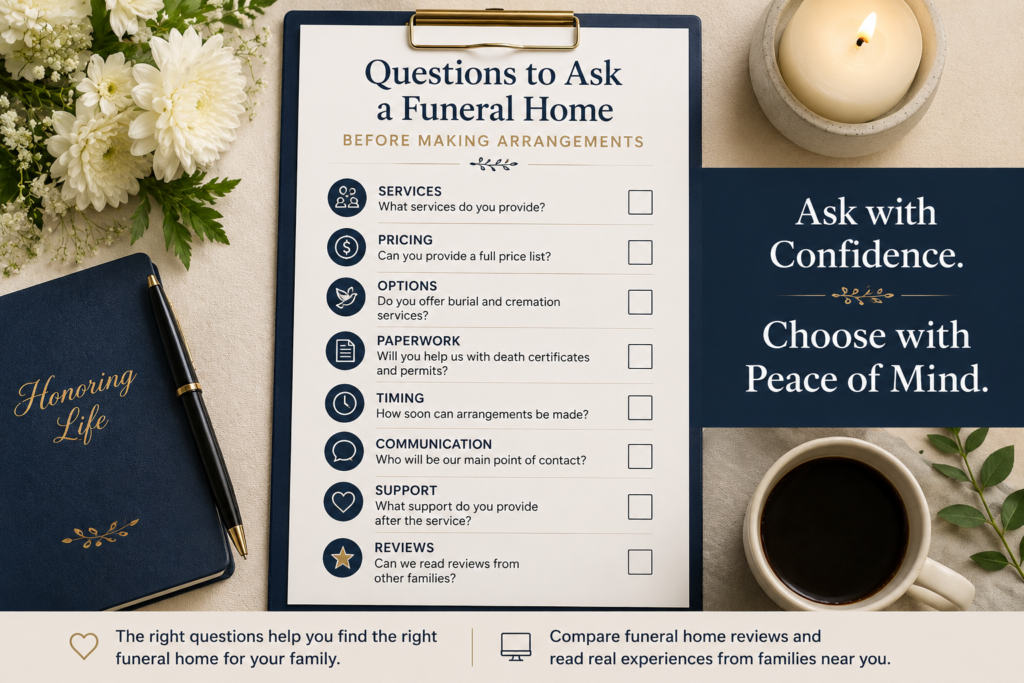 Funeral home questions checklist with flowers, candle, and planning notes to help families prepare before making arrangements