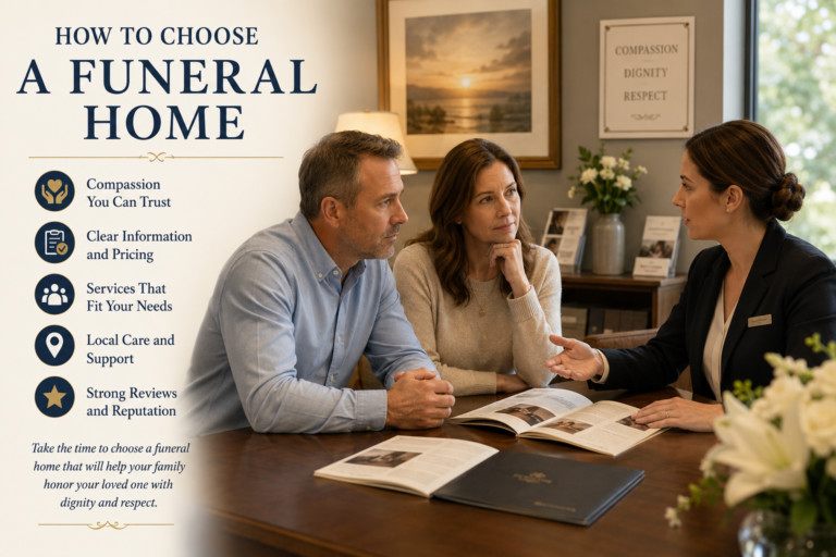 A family meeting with a funeral director while reviewing funeral home options, with guidance on compassion, pricing, services, local support, and reviews.