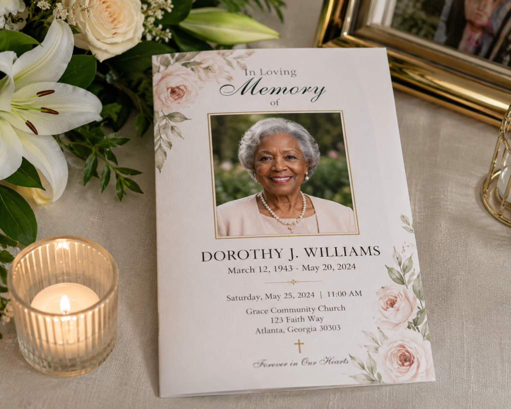Same day funeral program printed for a memorial service