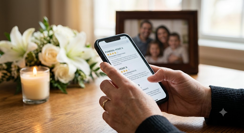 Hands holding a smartphone showing funeral home reviews and ratings from families.