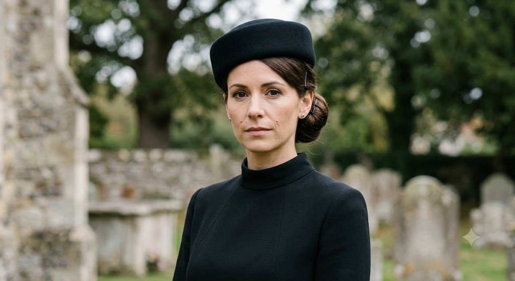 Woman wearing a classic black pillbox hat with simple stud earrings for a funeral service