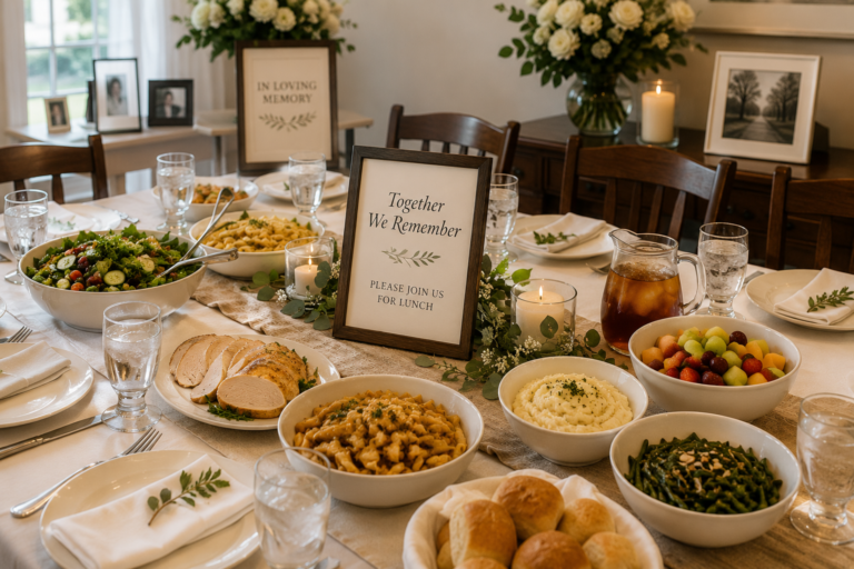 Family-style funeral luncheon table with shared dishes arranged for relatives and guests after a memorial service.