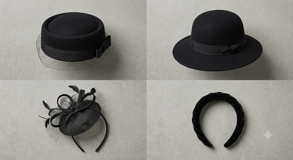Grid showing modest funeral hat styles for women including pillbox, wide-brim, fascinator, and headband