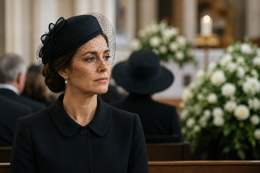 A woman at a funeral all dressed in black wearing a black funeral hat