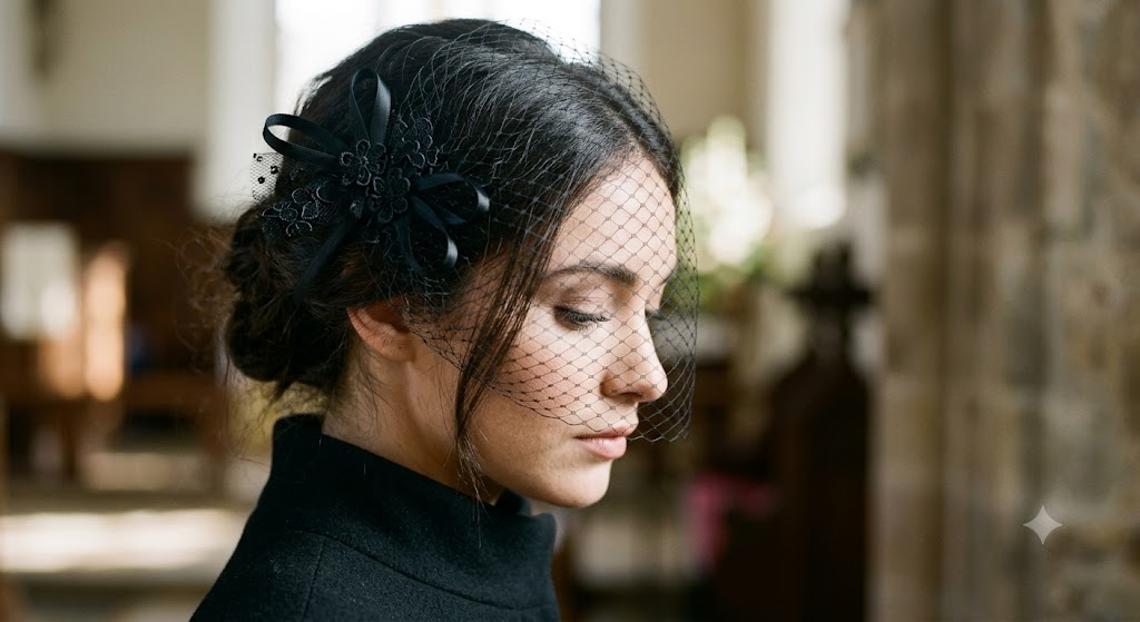 Close-up shot of a black funeral hat with subtle birdcage veil netting