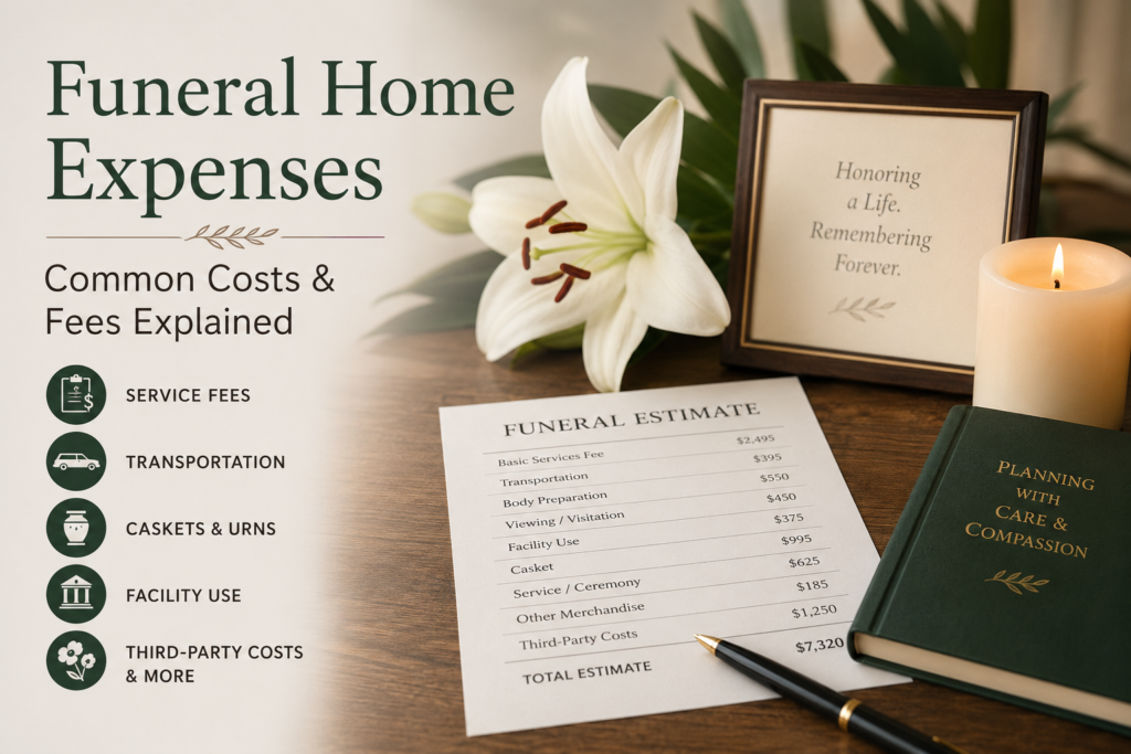 Infographic explaining funeral home expenses with a breakdown of typical costs, services, and budgeting tips for funeral planning.