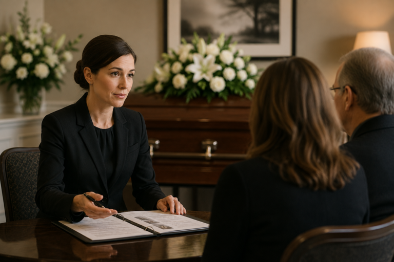 Female funeral mortician discussing service arrangements with a grieving family beside a casket and white floral displays.