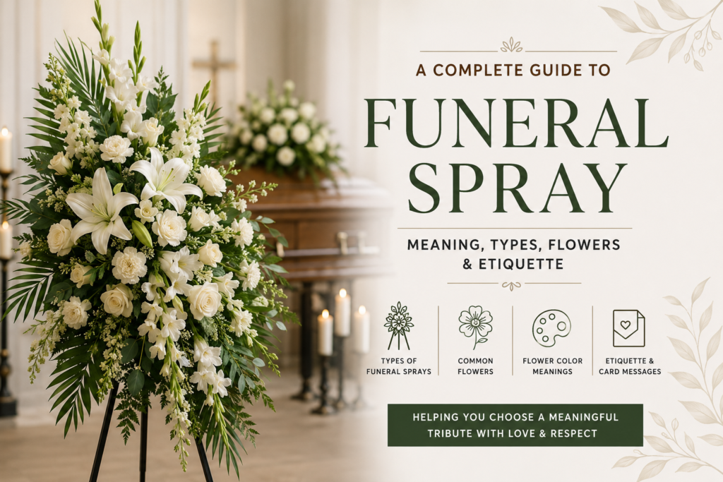 Funeral spray guide image featuring a white floral standing spray with lilies and roses beside soft candles and the title “Funeral Spray: Meaning, Types, Flowers & Etiquette.