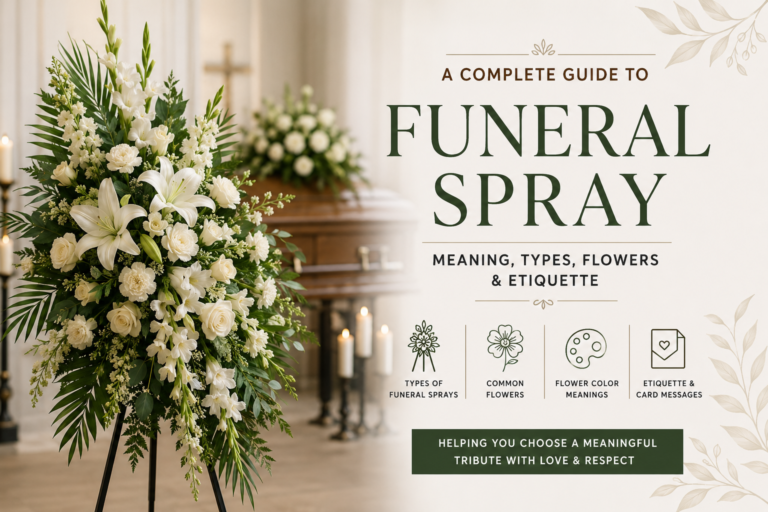 Funeral spray guide image featuring a white floral standing spray with lilies and roses beside soft candles and the title “Funeral Spray: Meaning, Types, Flowers & Etiquette.