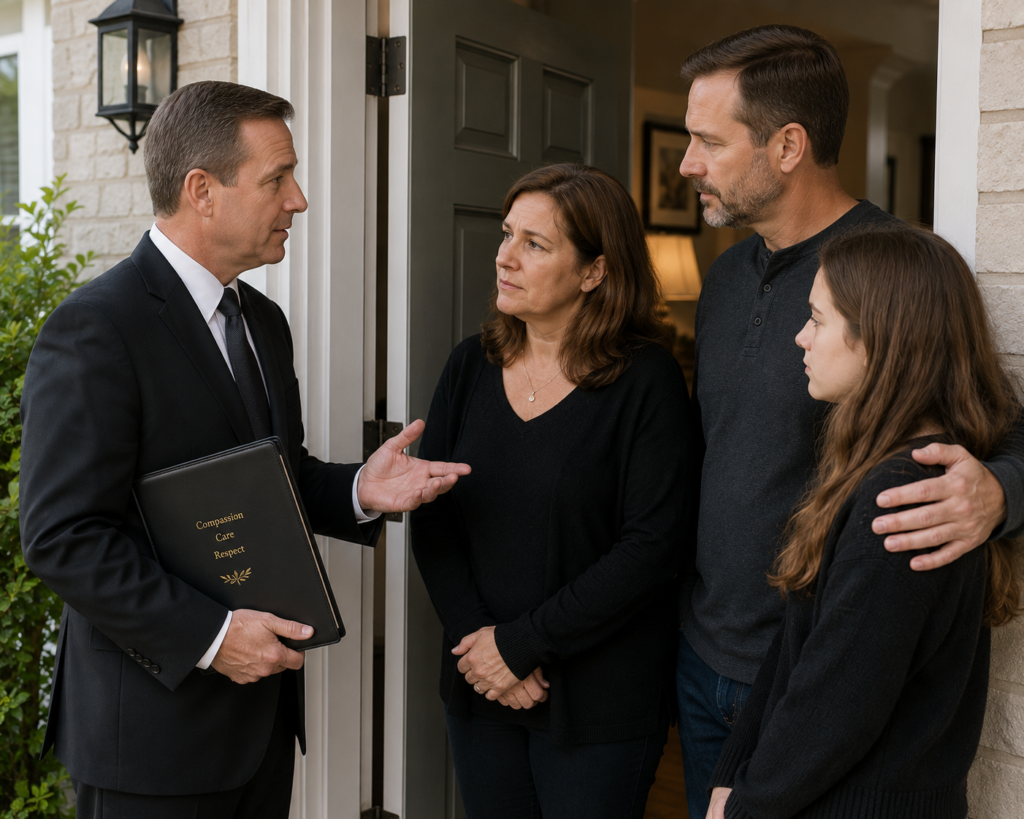 Funeral director speaking calmly with a grieving family at their front door after a death at home.