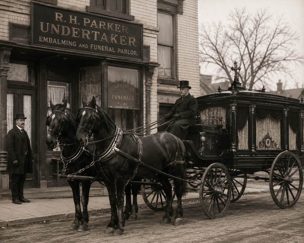 Historic horse-drawn hearse parked outside an early funeral parlor, illustrating traditional funeral transportation from the late 19th or early 20th century.