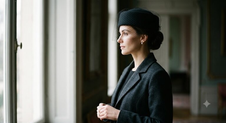 A soft, profile shot of a woman in a dark tailored coat wearing an understated black pillbox hat with subtle netting. The atmosphere is quiet, dignified, and well-lit with natural daylight.