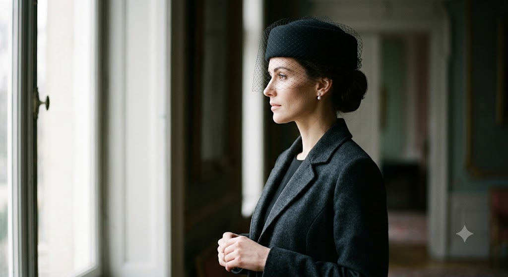 A soft, profile shot of a woman in a dark tailored coat wearing an understated black pillbox hat with subtle netting. The atmosphere is quiet, dignified, and well-lit with natural daylight.