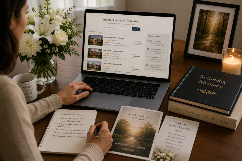 Person comparing funeral home reviews and service options online while planning funeral arrangements.