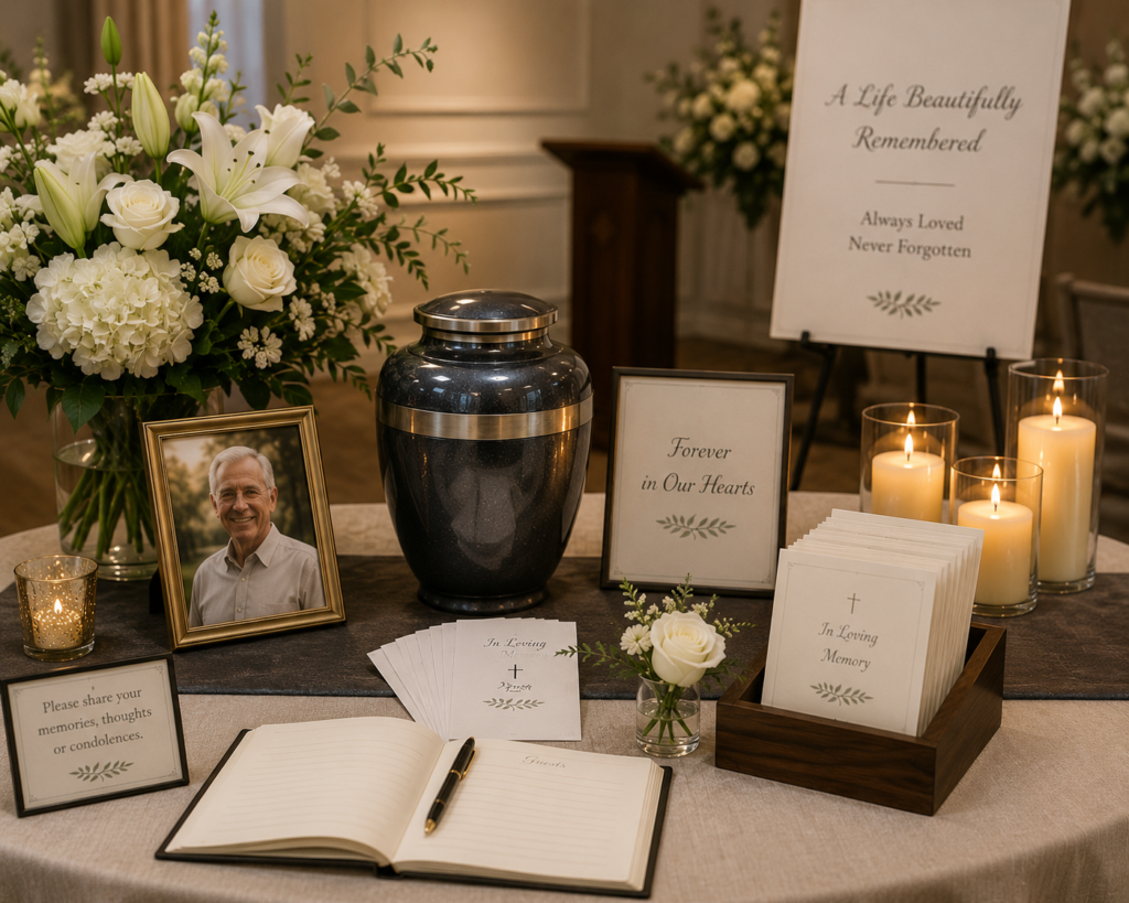 Cremation memorial service setup with an urn, prayer cards, register book, white floral arrangement, and candles on a peaceful memorial table.