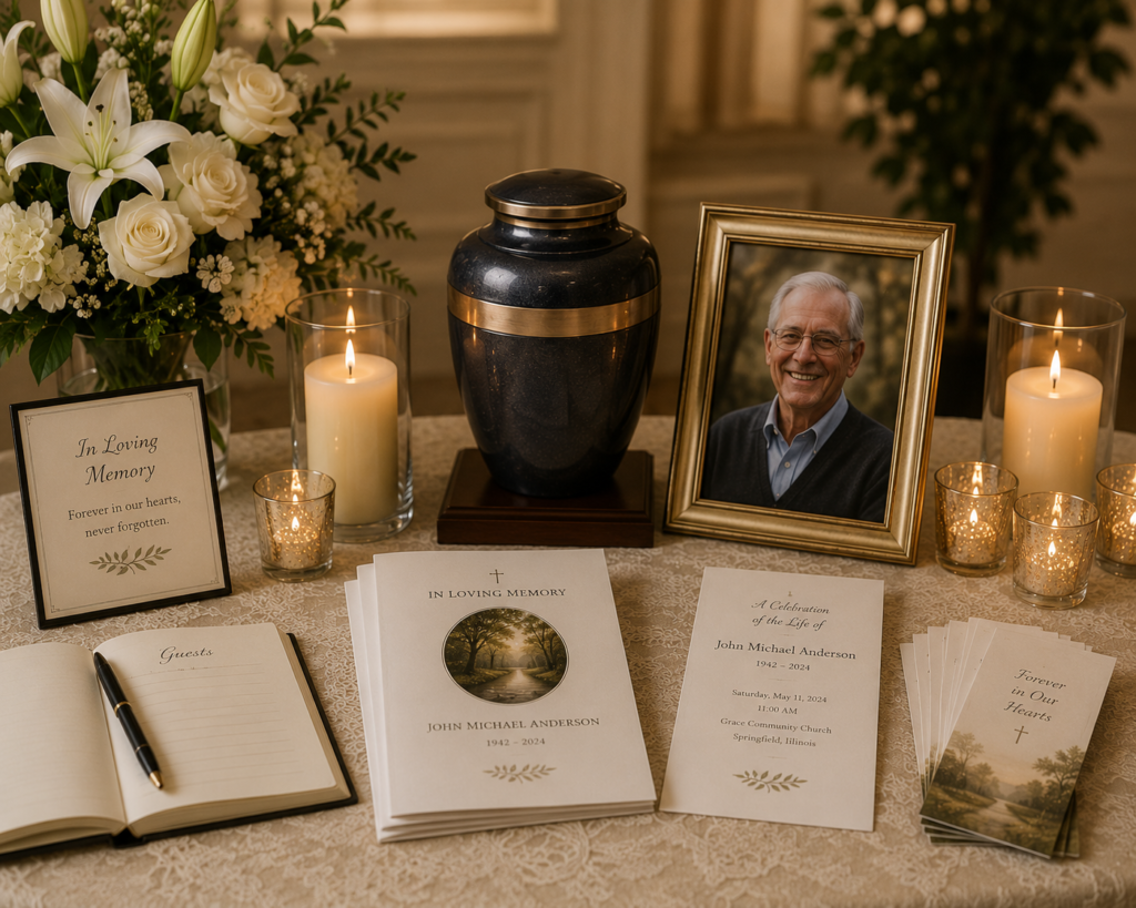 Memorial table with an urn, framed photo, candles, white flowers, funeral programs, prayer cards, and a guest book for a cremation service.