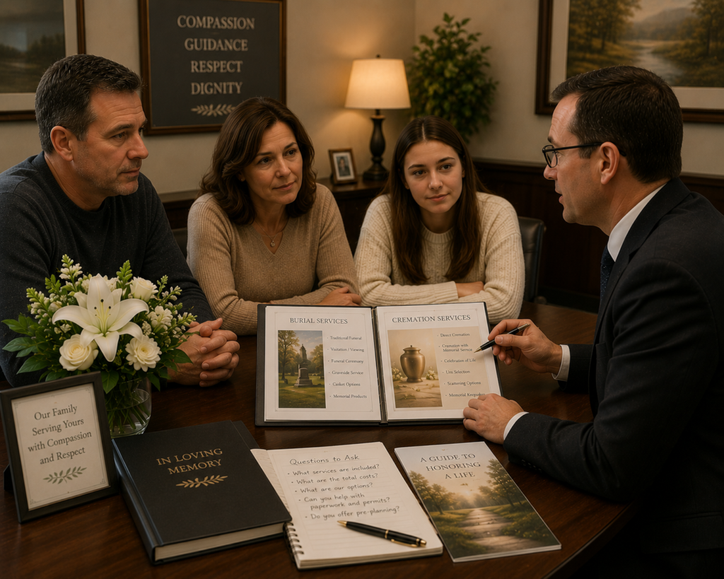 Funeral director discussing burial and cremation options with a family in a peaceful office setting.