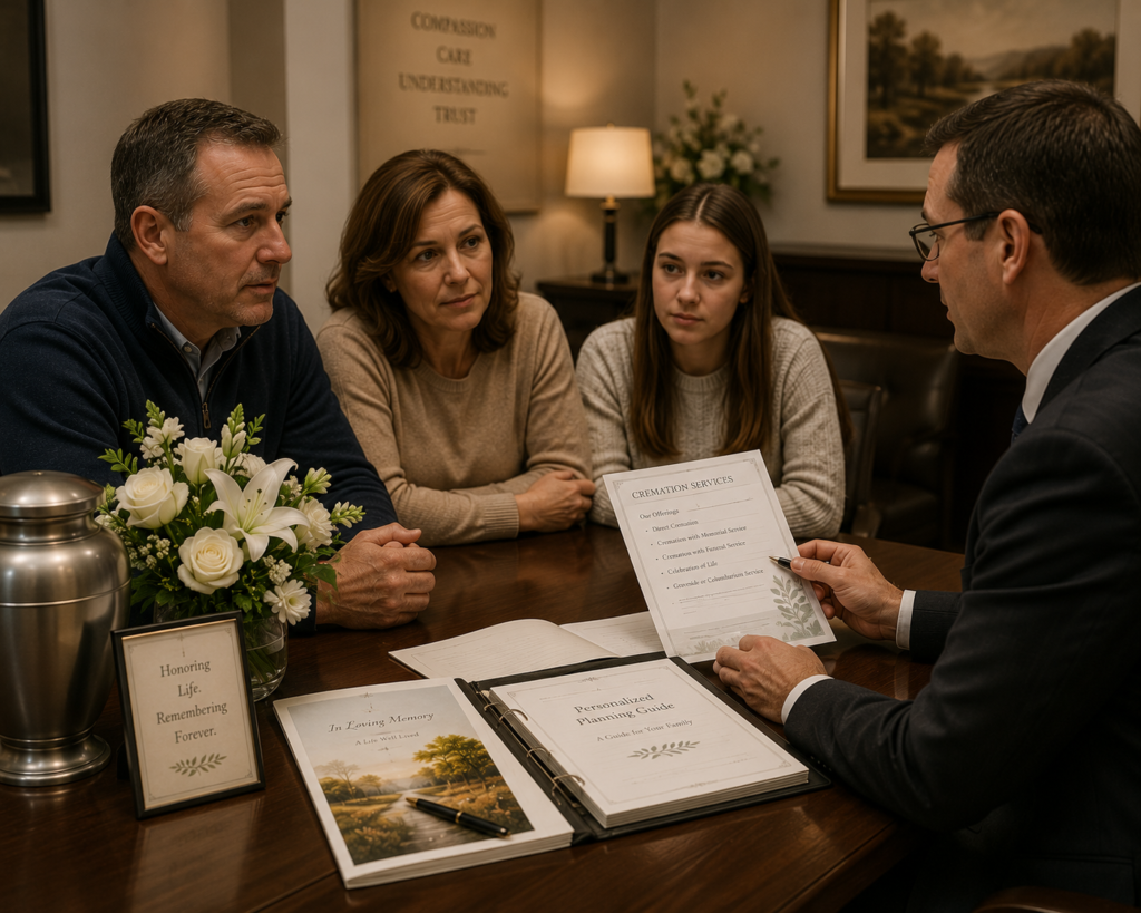 Family reviewing local funeral home options with planning documents, flowers, and a funeral program on a consultation table.