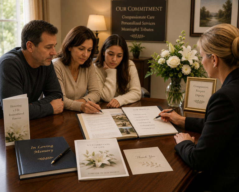 Family reviewing local funeral home options with planning documents, flowers, and a funeral program on a consultation table.