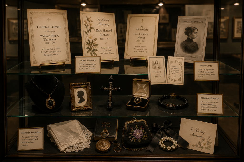 Display case with historic funeral programs, prayer cards, mourning jewelry, and memorial keepsakes in a funeral museum.