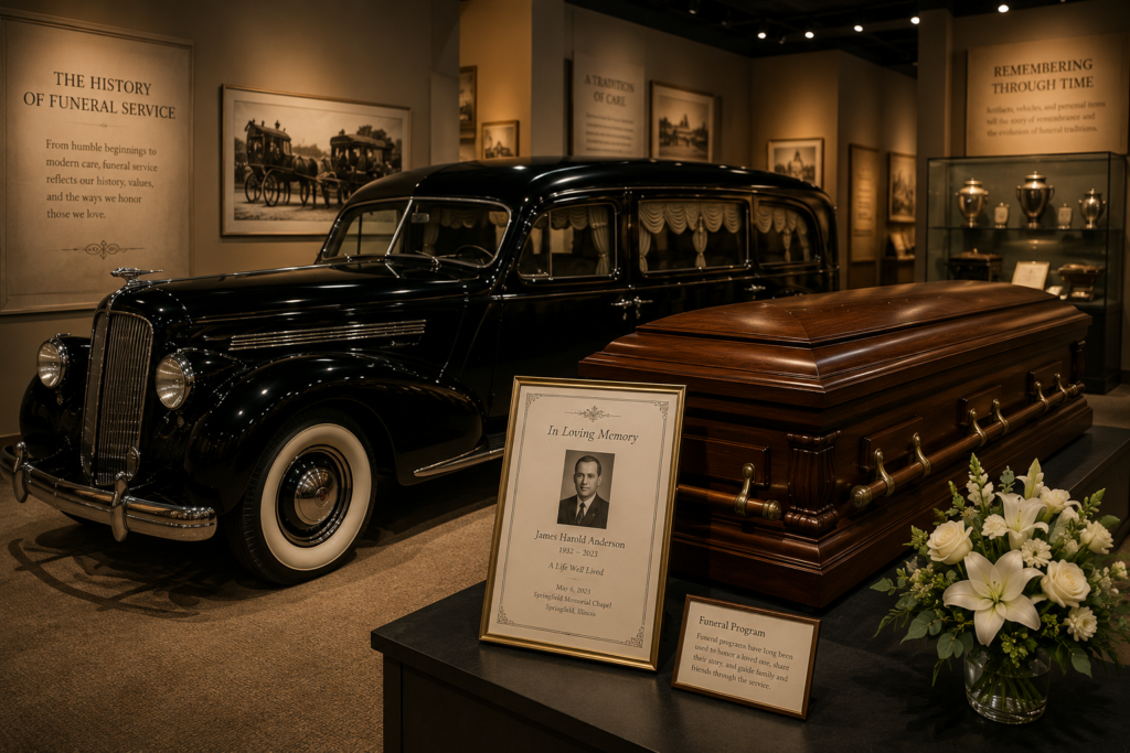 Funeral museum exhibit with a vintage hearse, historic casket, and memorial artifacts displayed in a quiet gallery.