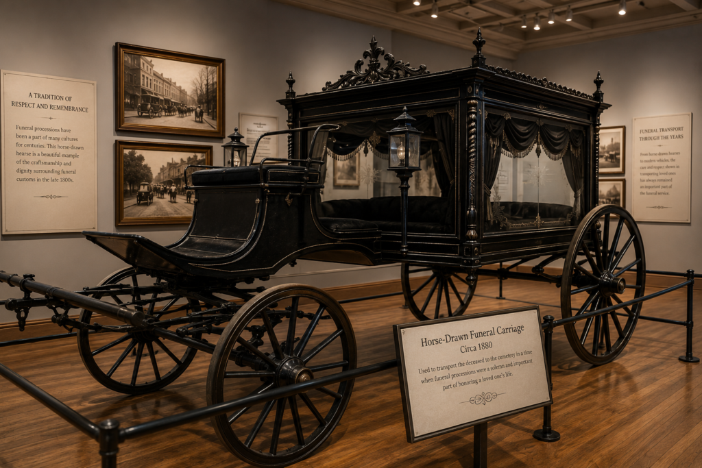 Vintage funeral hearse displayed inside a museum exhibit about funeral history and death care traditions.