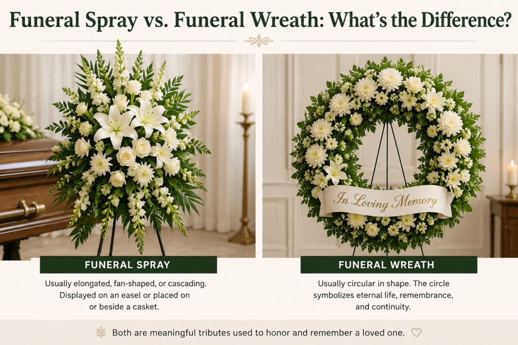 Side-by-side comparison of a white funeral spray and a circular funeral wreath, showing the difference between an elongated floral spray and a wreath symbolizing eternal remembrance.